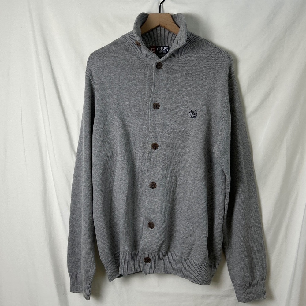Chaps Mens Gray Button Up Cardigan Sweater Size L Cotton Preppy Academia Casual